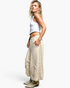 Beach Rose Co. natural cotton double-gauze jogger pants with studded side seams and raw-edge patches on a model