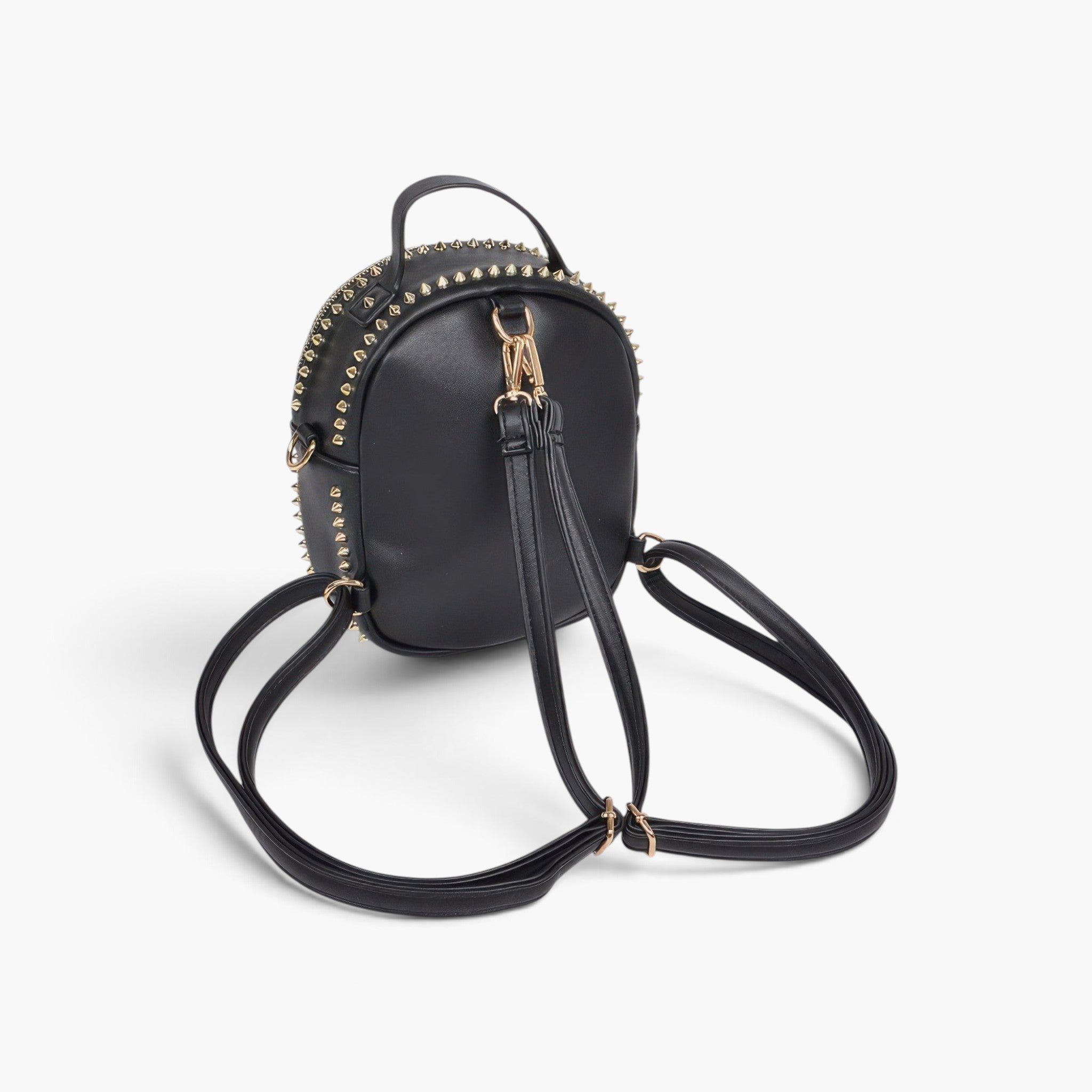Beach Rose Co. black faux leather mini backpack with gold studs, adjustable straps, and a top carry handle.