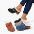 Beach Rose Co. suede clogs with fluffy trim, oversized buckles, and chunky block heels in black, grey, blue, and brown.