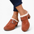 Beach Rose Co. brown suede clogs with fluffy trim, oversized buckle, contrast stitching, and chunky block heel.
