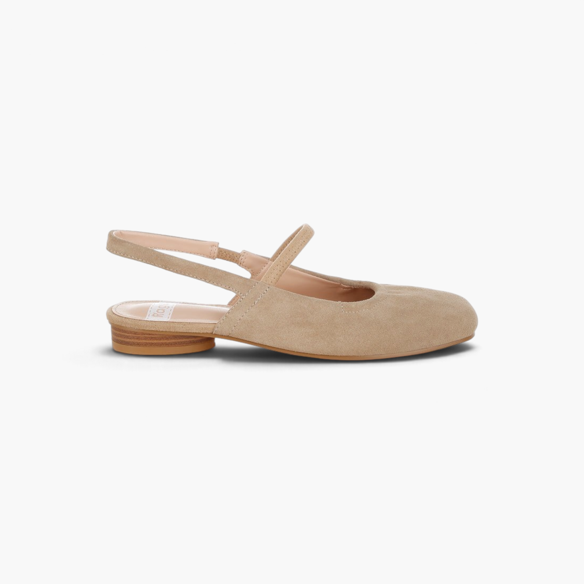 Beach Rose Co. beige suede Mary Jane flats with a square toe, midfoot strap, and open slingback design.