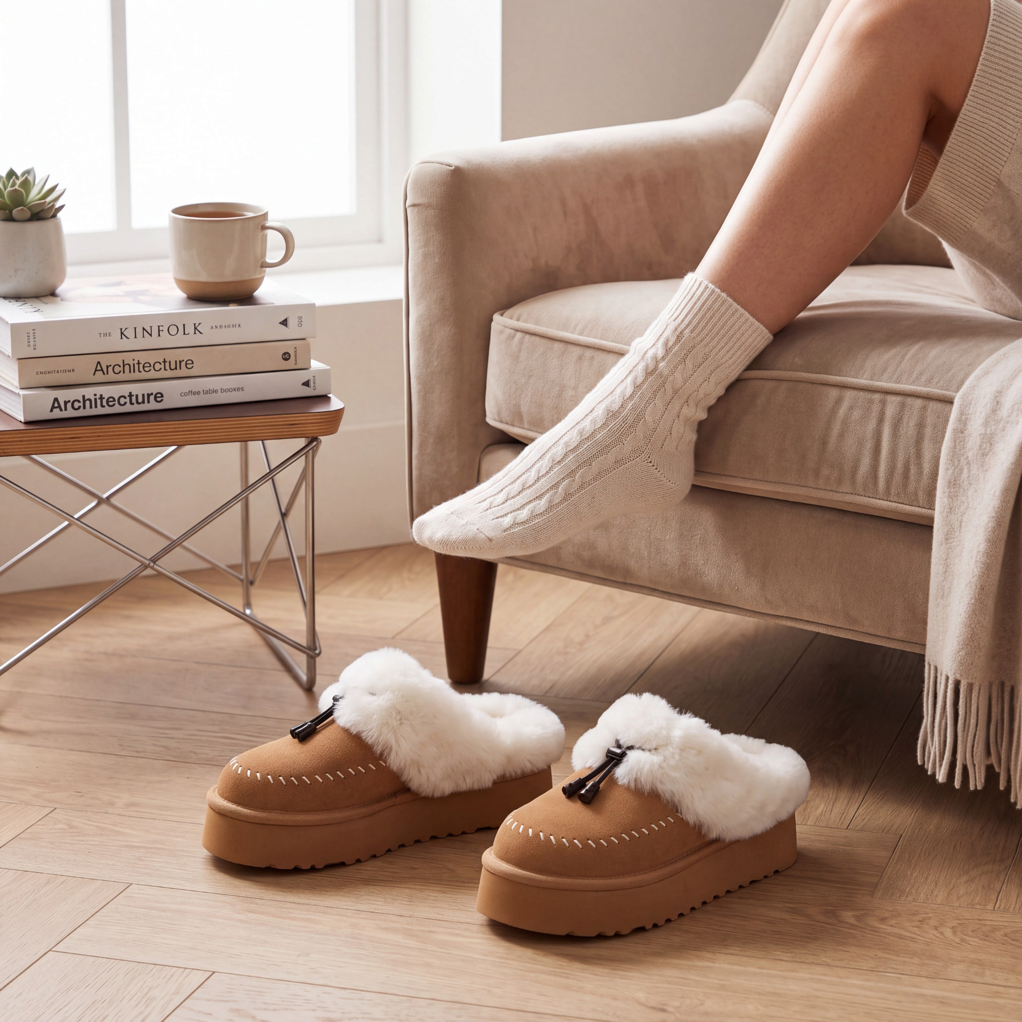 Beach Rose Co. tan suede platform clogs with white faux fur trim, moccasin stitching, and tassel details on a floor.