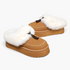 Beach Rose Co. tan suede platform clogs with plush white faux fur trim, moccasin stitching, and tassel accents.