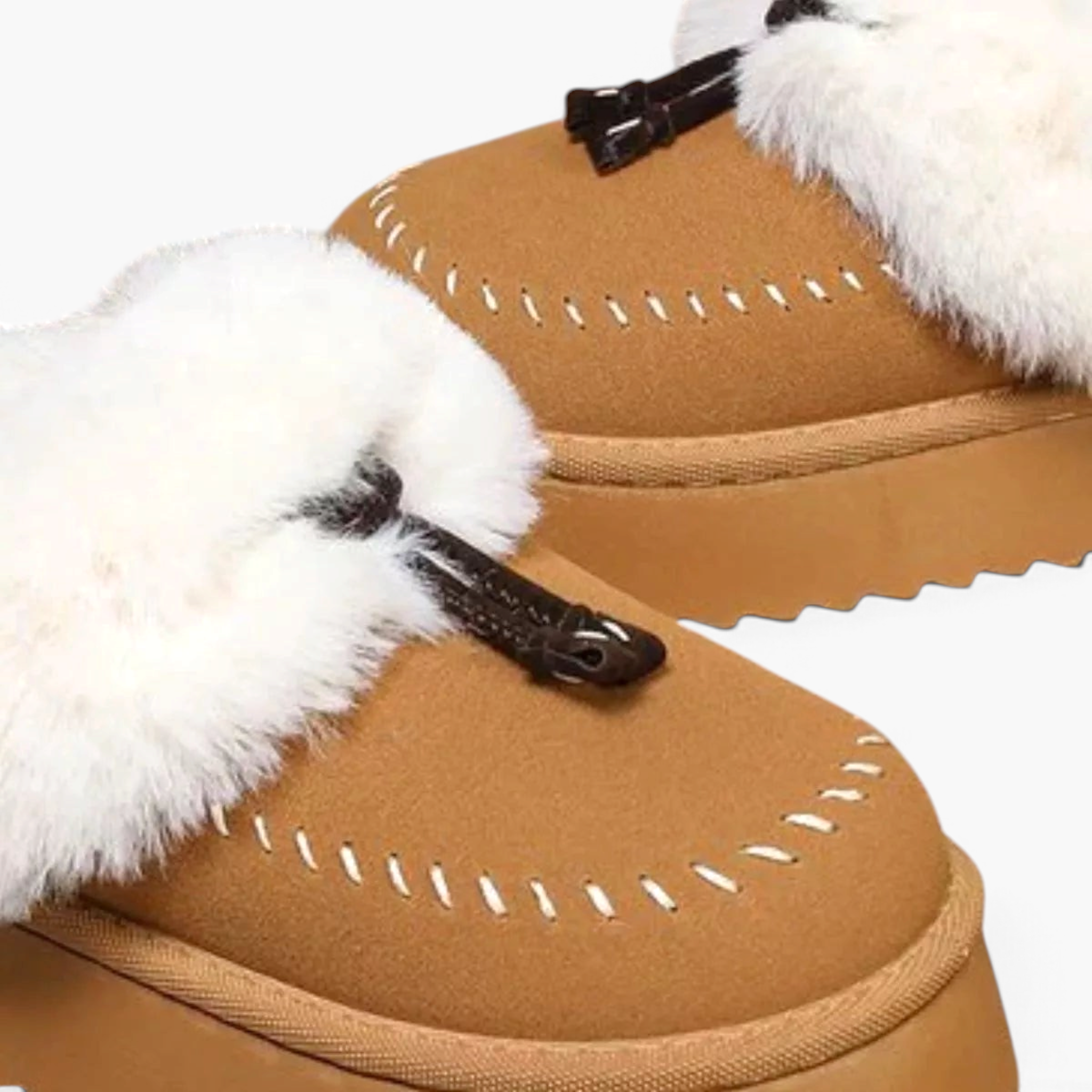 Beach Rose Co. tan suede platform clogs with white faux fur trim, moccasin stitching, and decorative tassel accents.