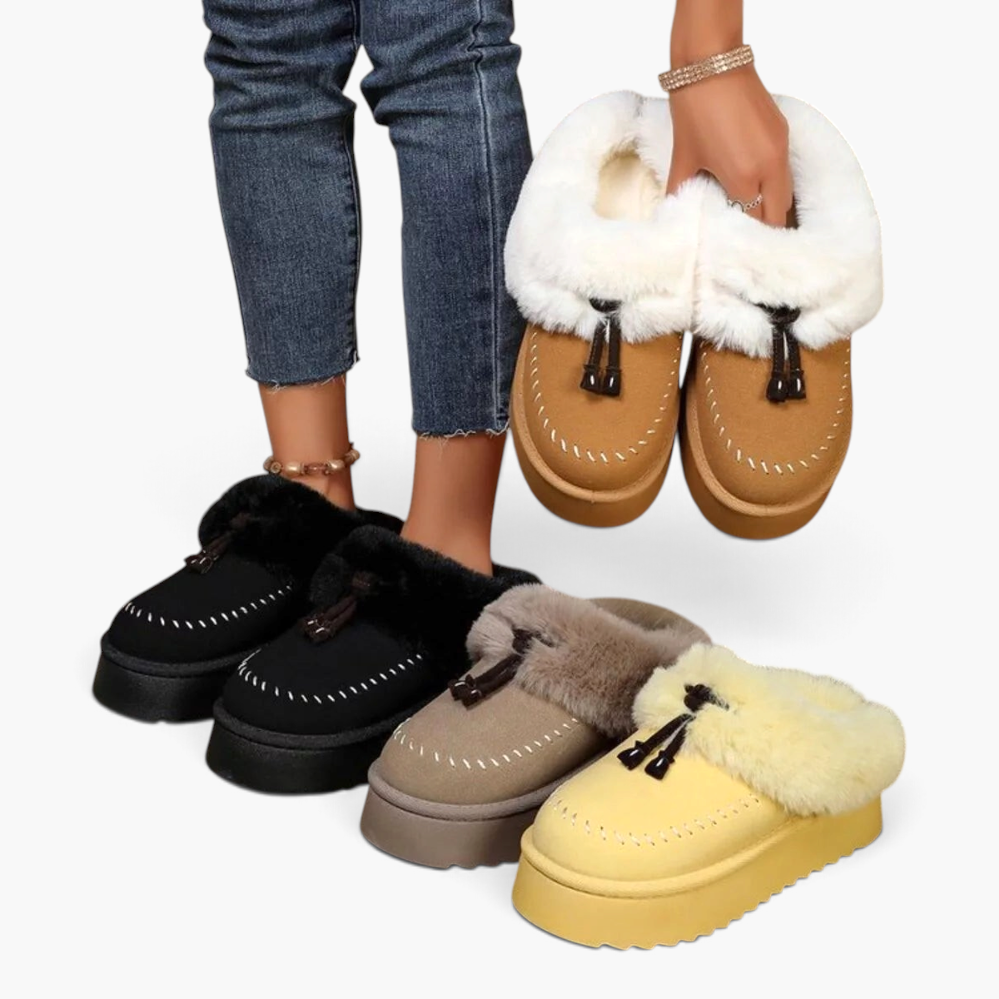Beach Rose Co. suede platform clogs with faux fur trim, moccasin stitching, and tassels in black, tan, and yellow.