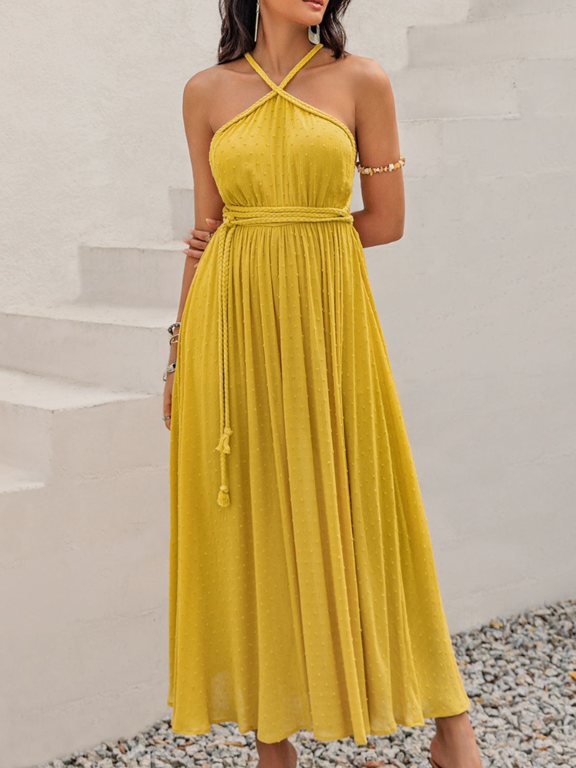 Beach Rose Co. - Swiss Dot Backless Sleeveless Maxi Dress in Mustard