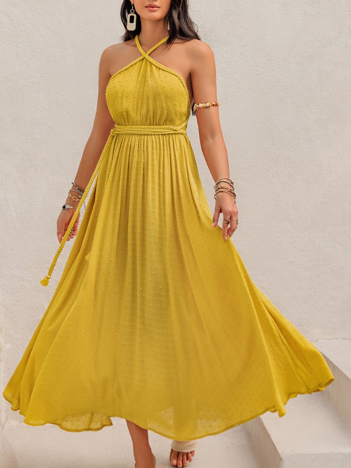 Beach Rose Co. - Swiss Dot Backless Sleeveless Maxi Dress in Mustard