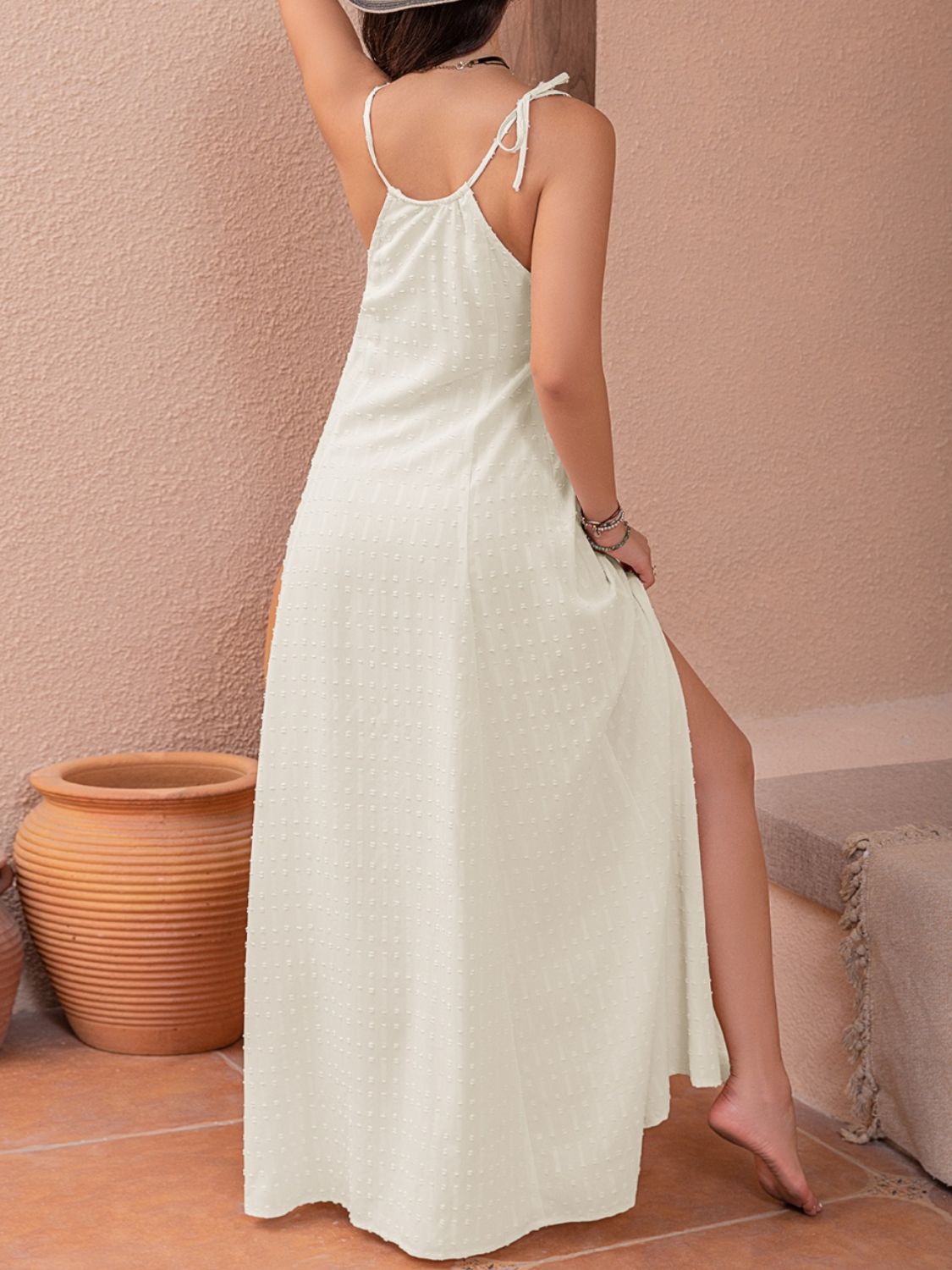 Beach Rose Co. - Swiss Dot Cutout Sleeveless Maxi Dress in Beige