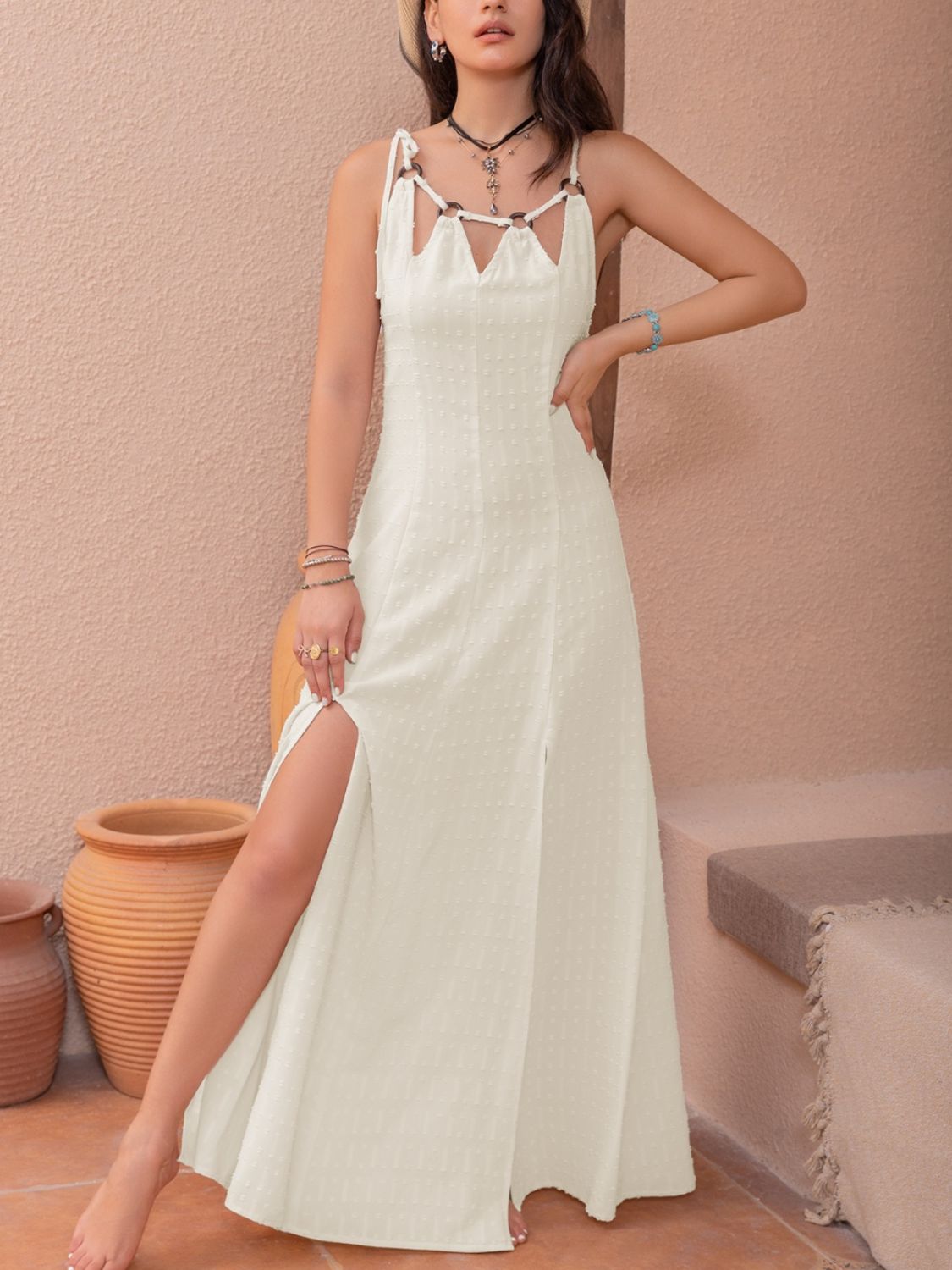 Beach Rose Co. - Swiss Dot Cutout Sleeveless Maxi Dress in Beige