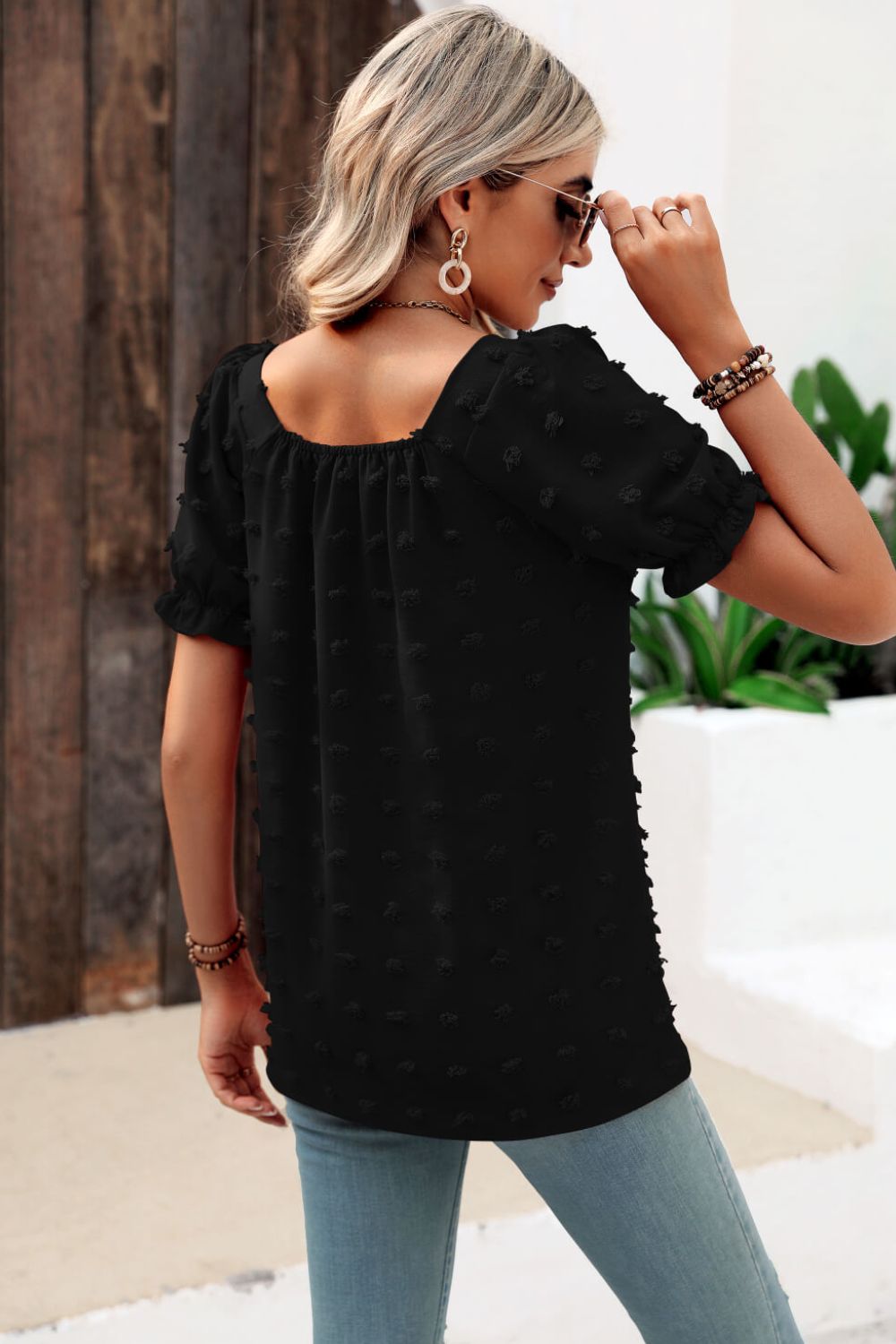 Beach Rose Co. - Swiss Dot Puff Sleeve Square Neck Blouse