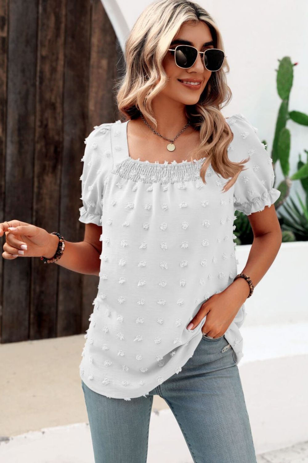 Beach Rose Co. - Swiss Dot Puff Sleeve Square Neck Blouse