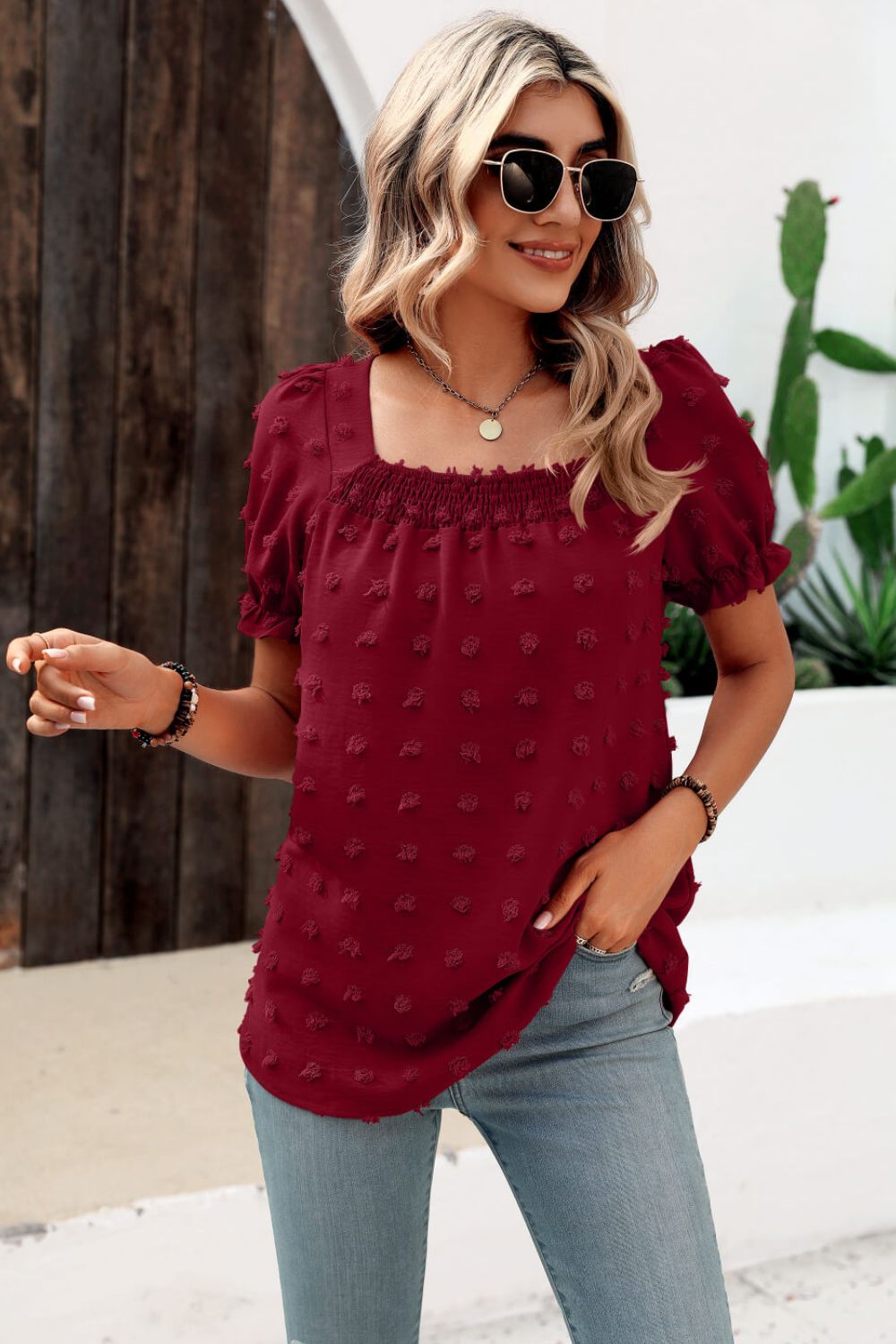 Beach Rose Co. - Swiss Dot Puff Sleeve Square Neck Blouse