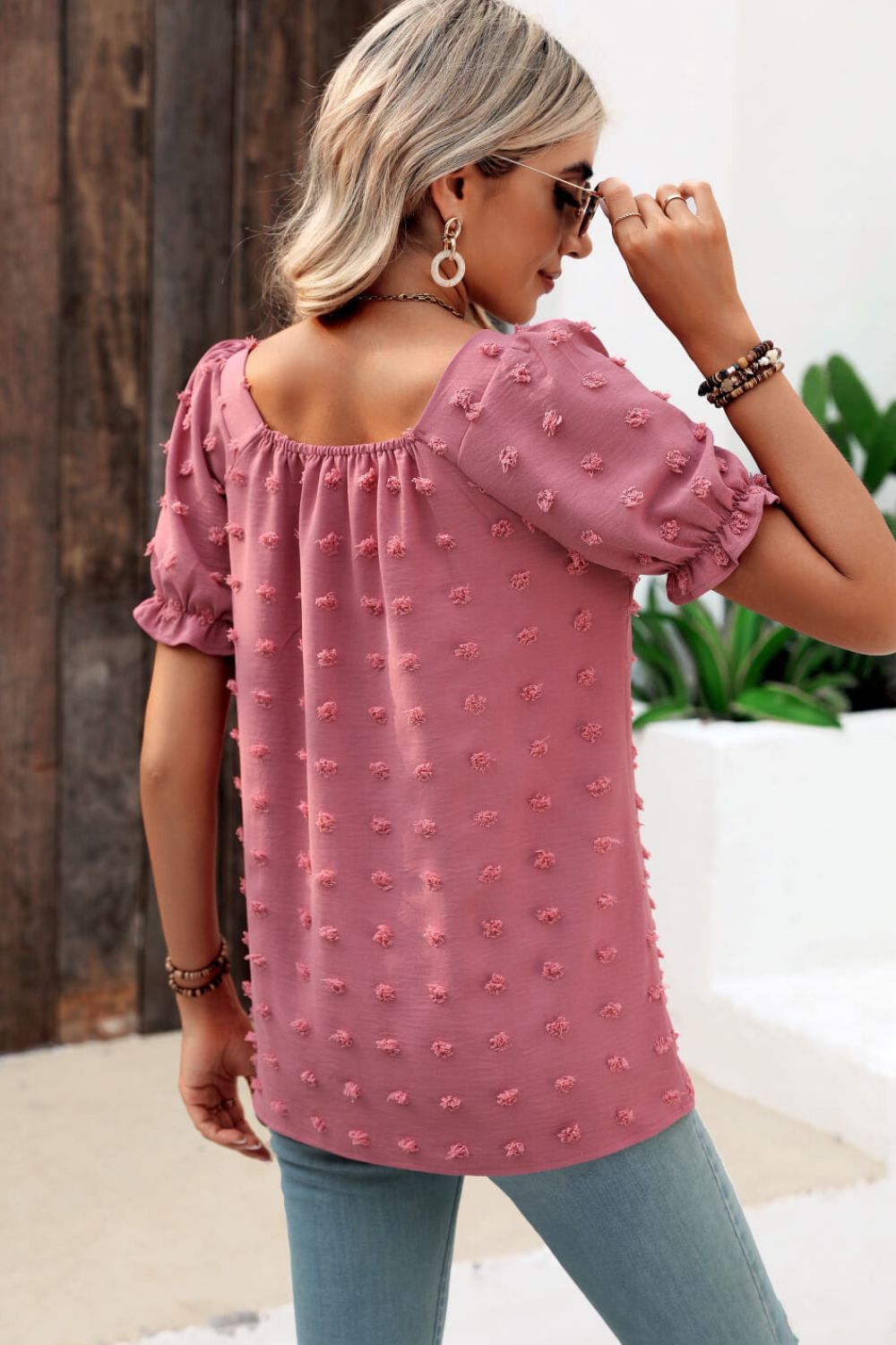 Beach Rose Co. - Swiss Dot Puff Sleeve Square Neck Blouse