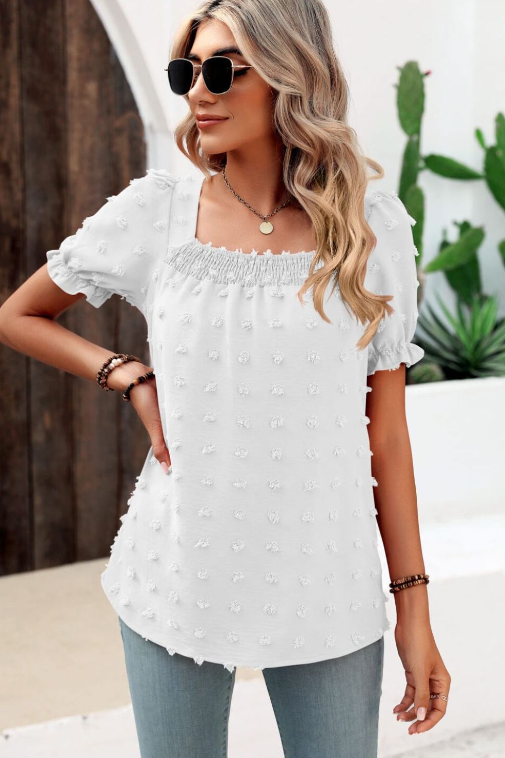 Beach Rose Co. - Swiss Dot Puff Sleeve Square Neck Blouse