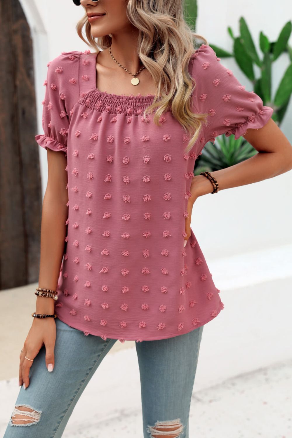 Beach Rose Co. - Swiss Dot Puff Sleeve Square Neck Blouse