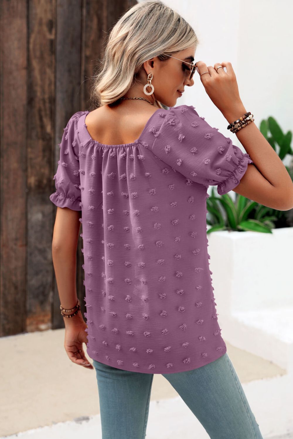 Beach Rose Co. - Swiss Dot Puff Sleeve Square Neck Blouse