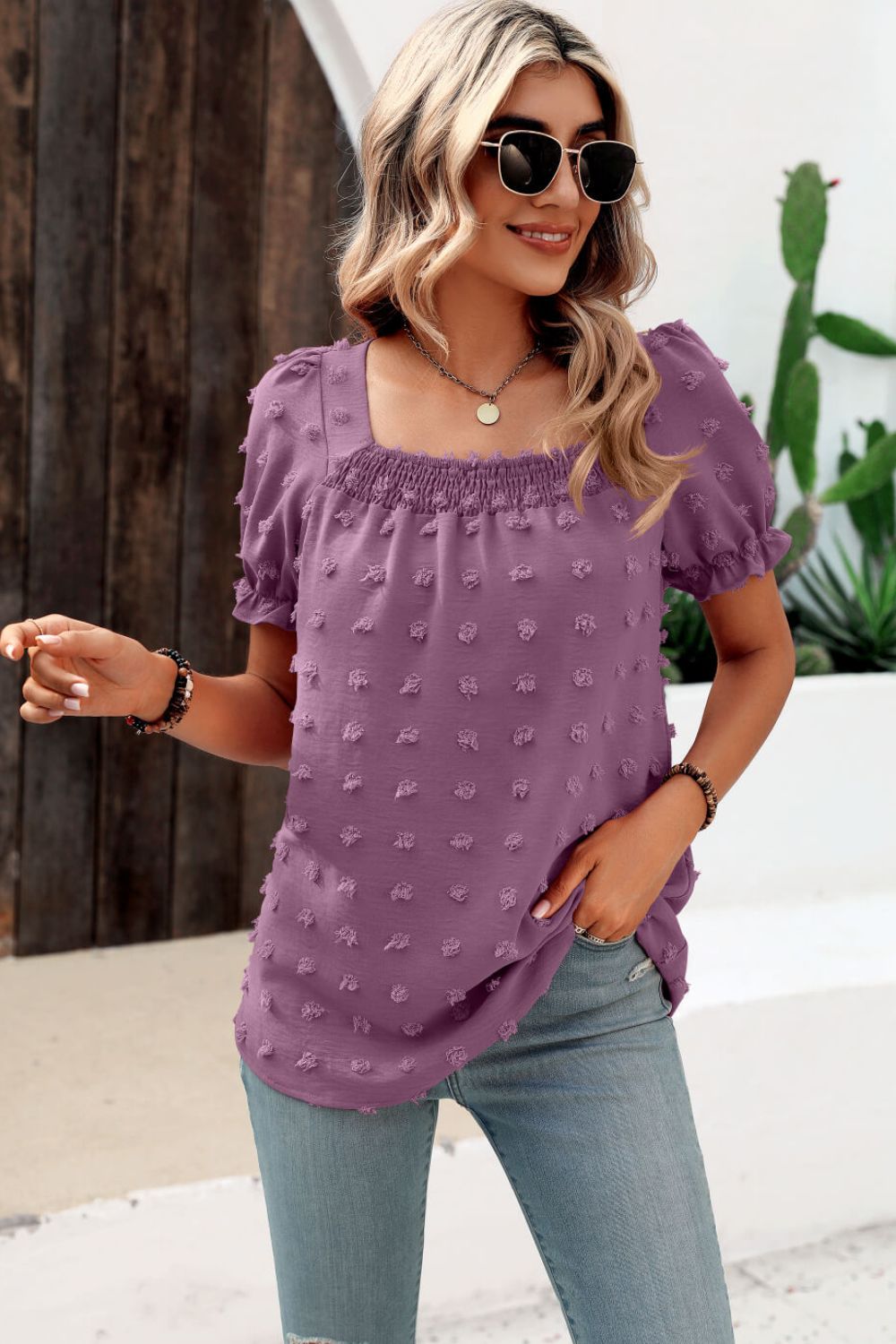 Beach Rose Co. - Swiss Dot Puff Sleeve Square Neck Blouse