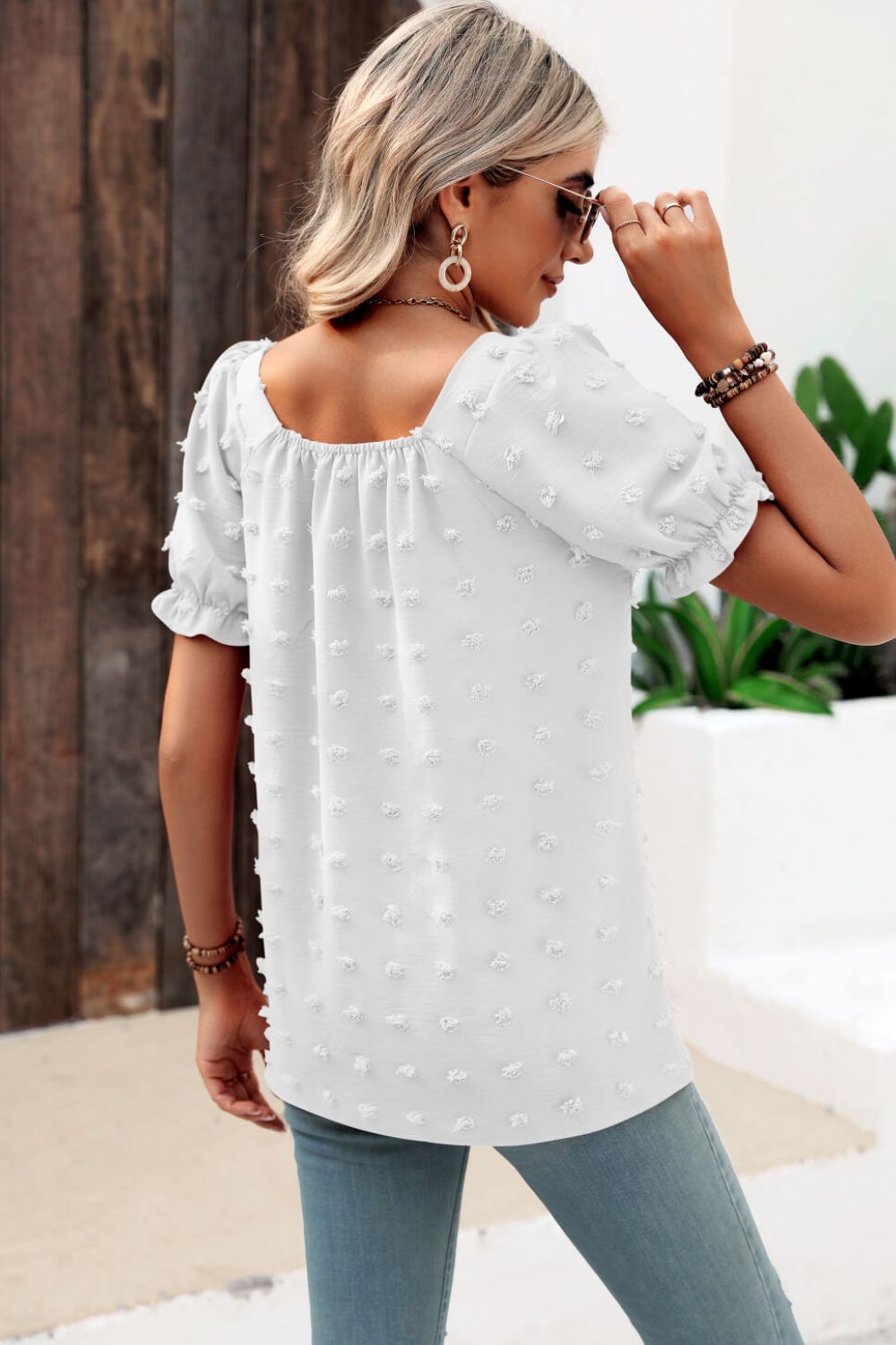 Beach Rose Co. - Swiss Dot Puff Sleeve Square Neck Blouse