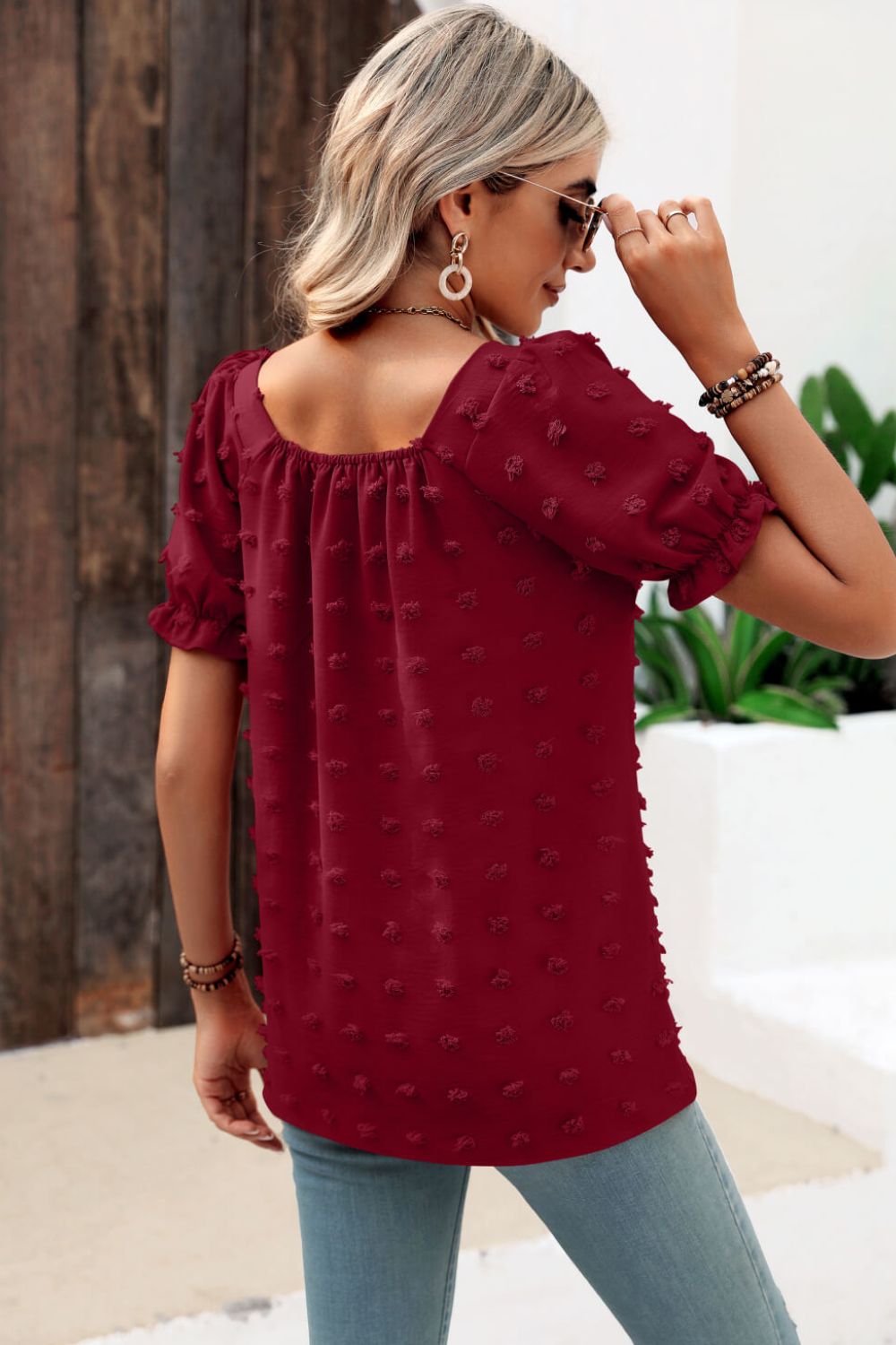 Beach Rose Co. - Swiss Dot Puff Sleeve Square Neck Blouse