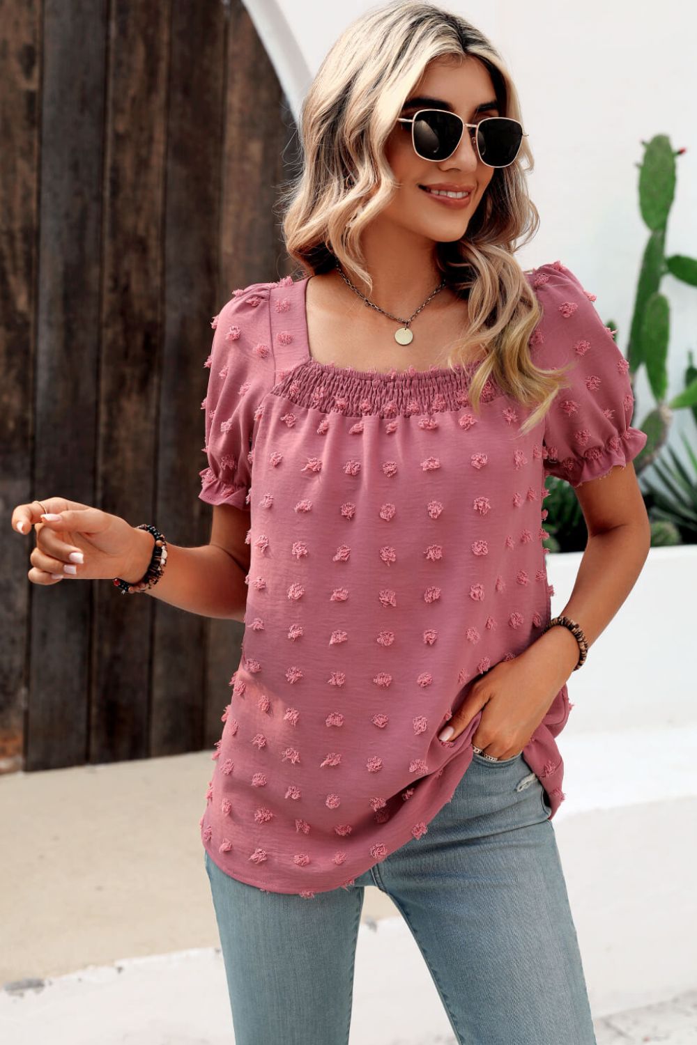 Beach Rose Co. - Swiss Dot Puff Sleeve Square Neck Blouse