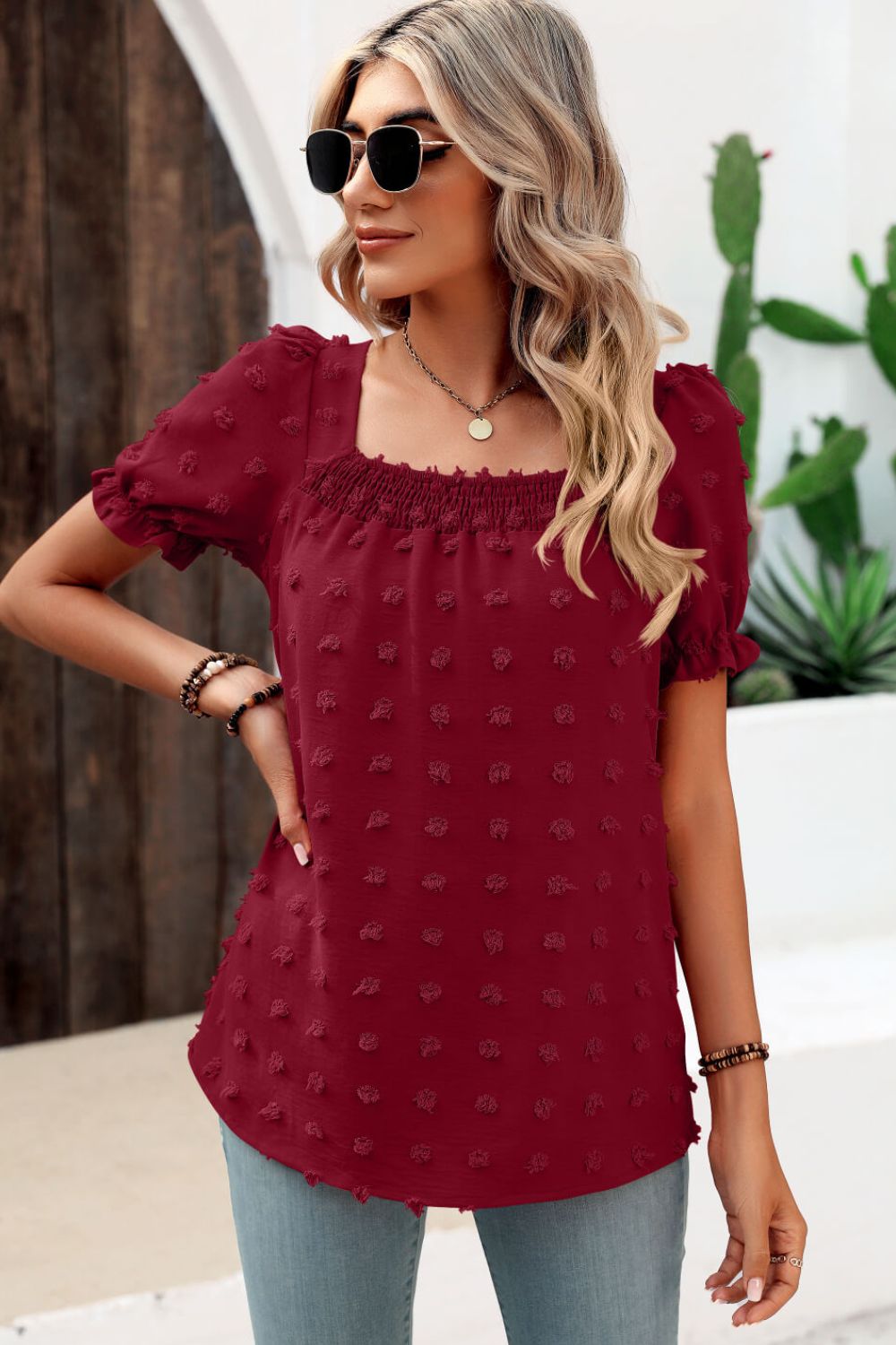 Beach Rose Co. - Swiss Dot Puff Sleeve Square Neck Blouse