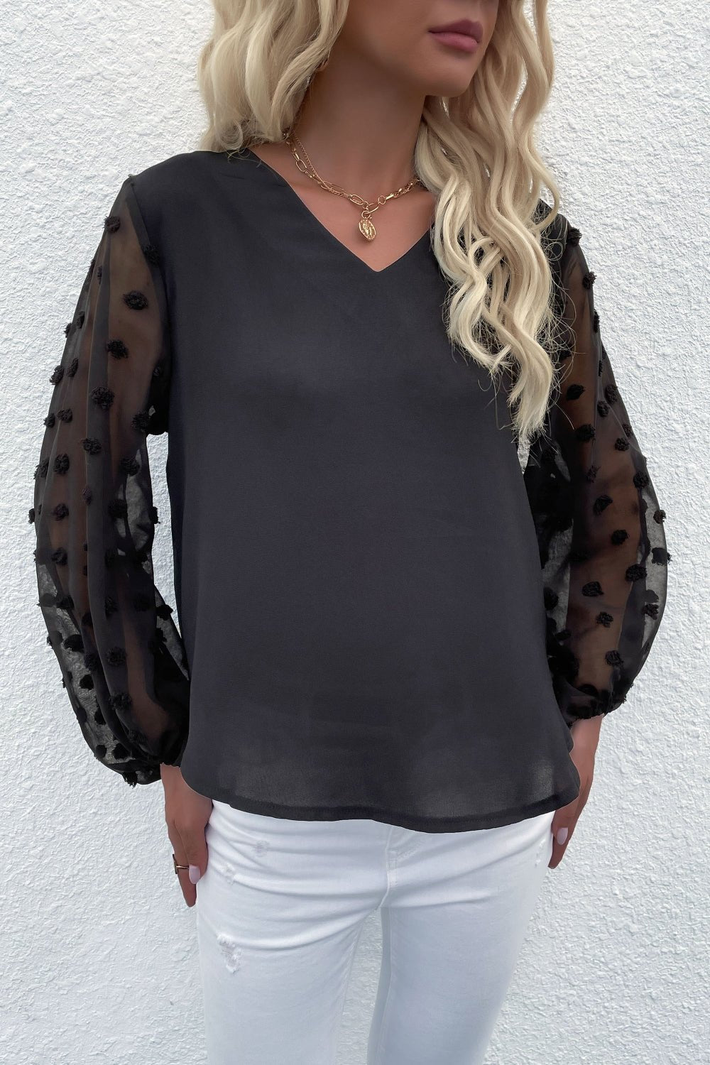 Beach Rose Co. - Swiss Dot Sleeve V - Neck Top