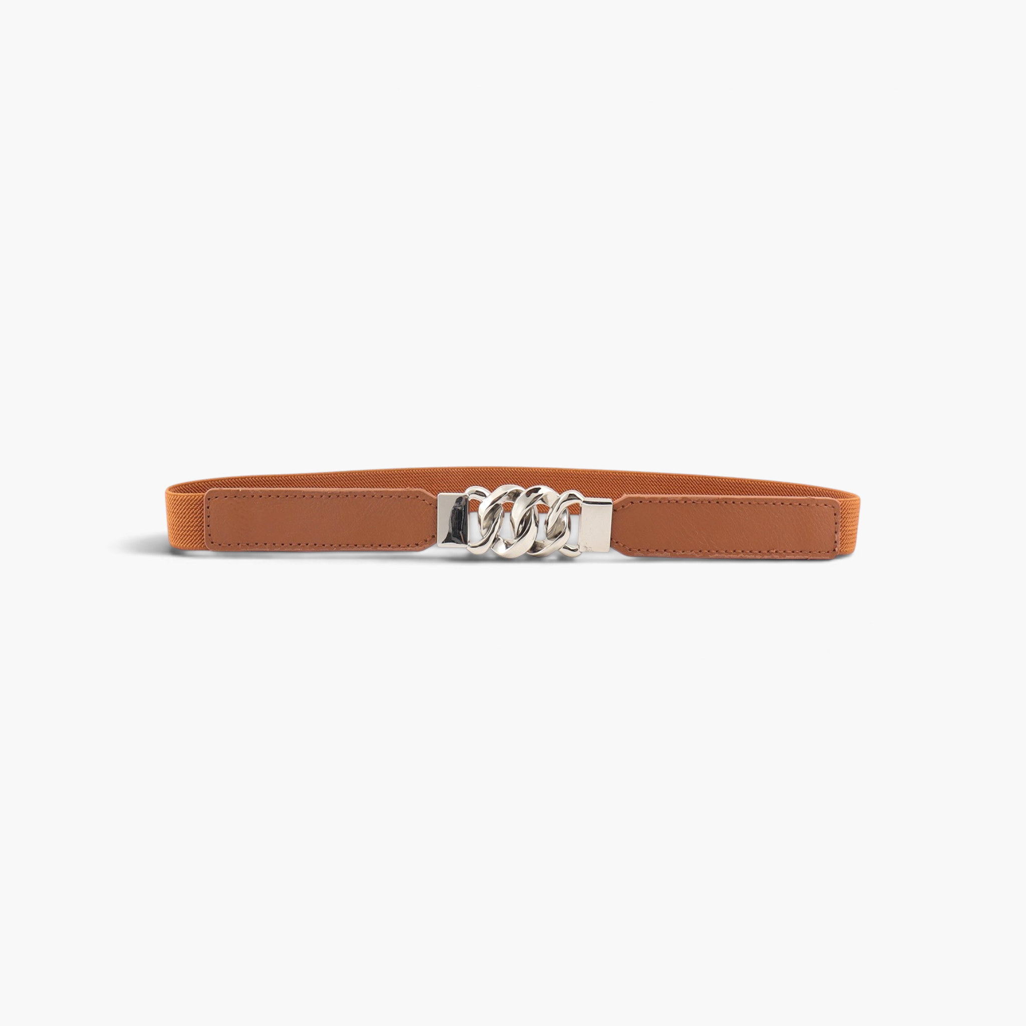 Beach Rose Co. slim tan stretch waist belt featuring stitched PU panels and a chunky silver chain-link buckle.