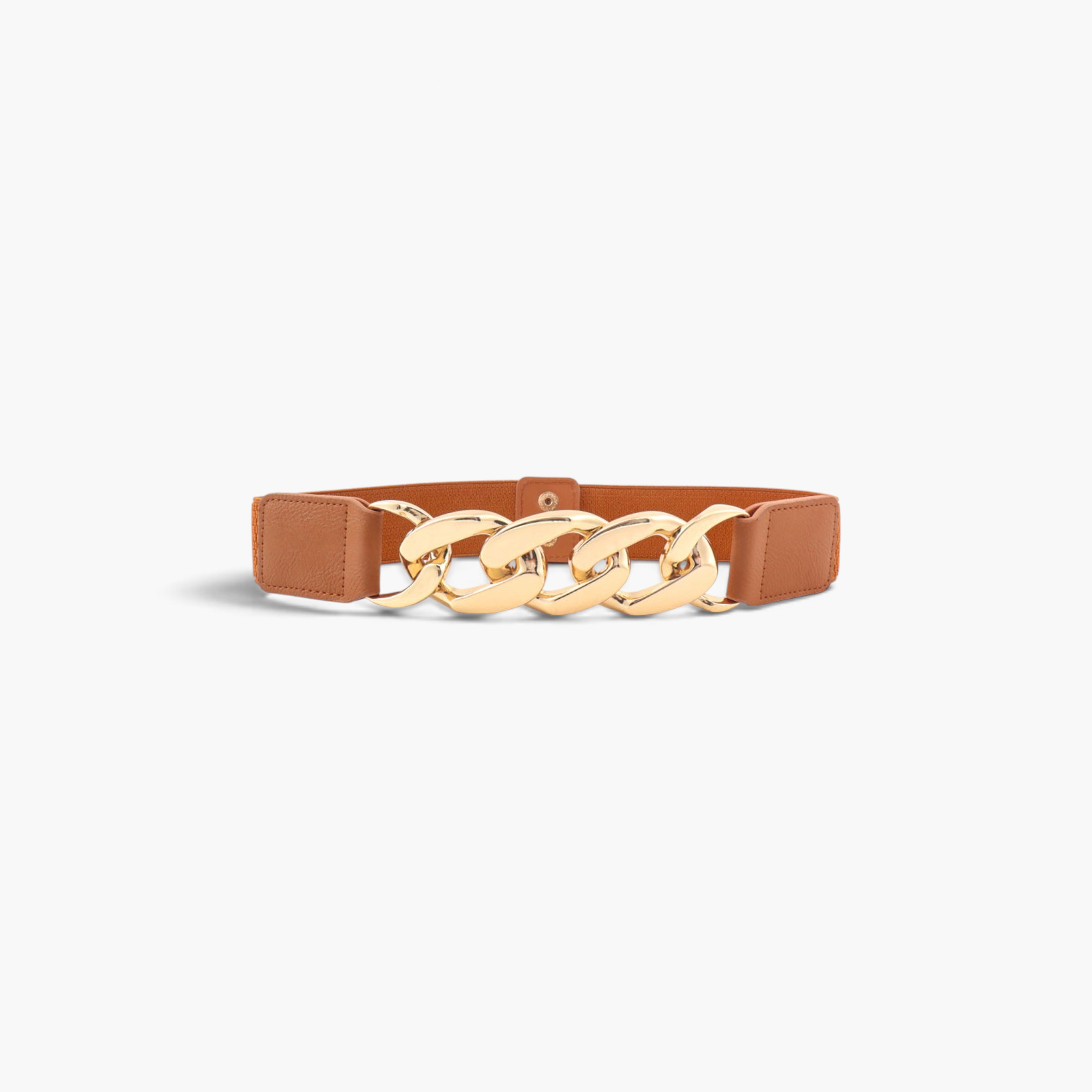 Beach Rose Co. tan elastic waist belt featuring an oversized gold-tone curb chain front and smooth PU leather tabs.