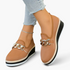 Beach Rose Co. tan textured PU leather wedge loafers with a chunky metallic chain accent and layered wedge sole.