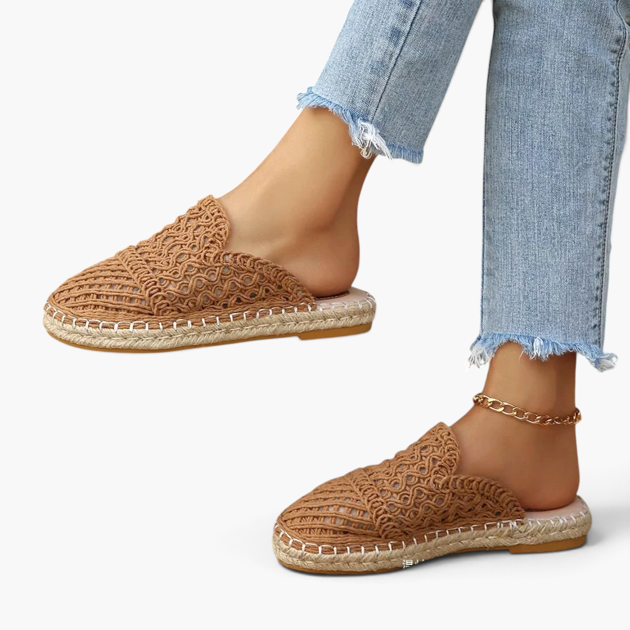 Beach Rose Co. tan crochet-style mesh espadrille mules with braided sole trim and closed round toe.