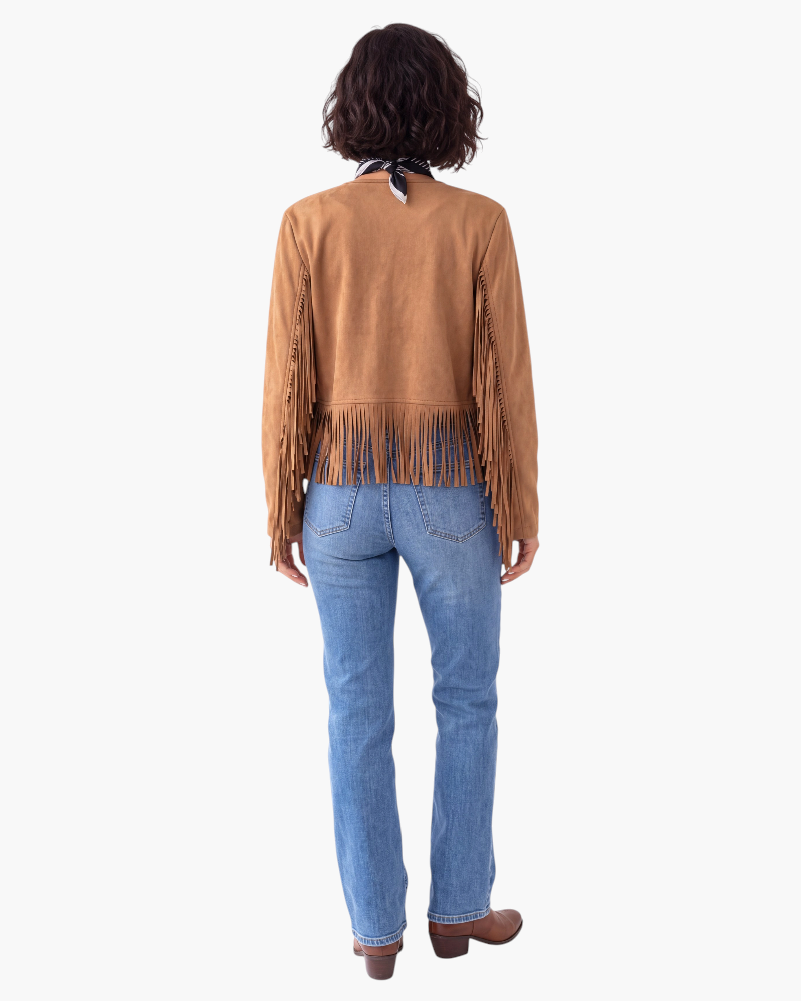Beach Rose Co. tan faux suede jacket with long fringe detailing on the back and sleeves, worn with blue jeans.