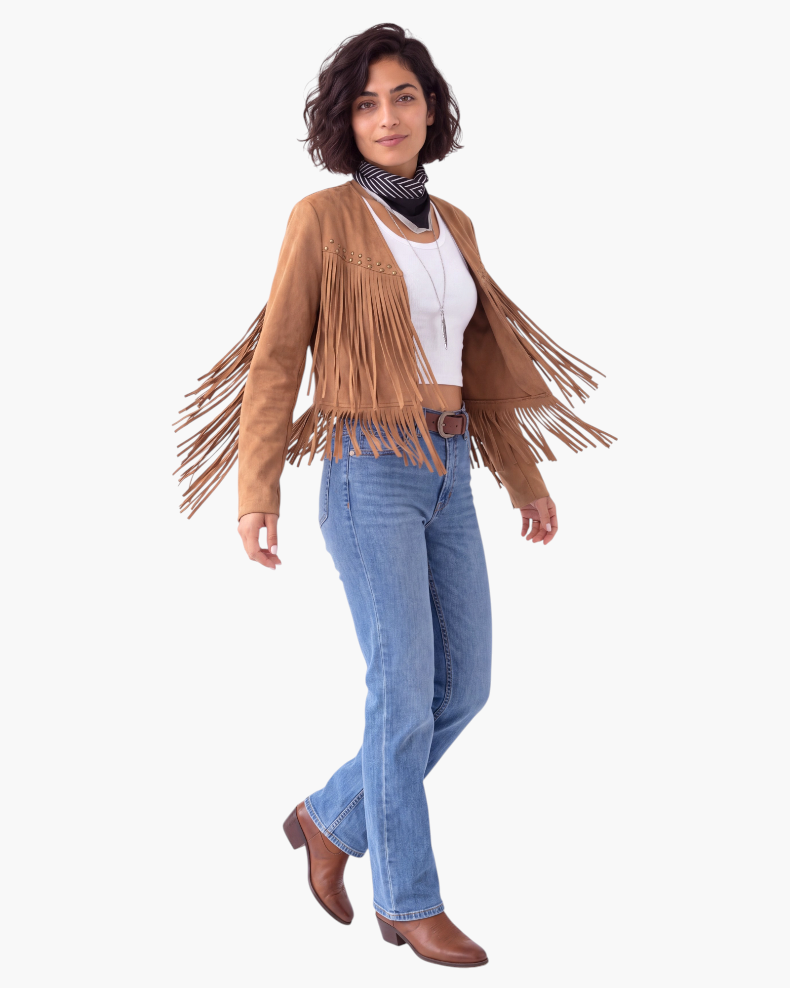 Beach Rose Co. tan faux suede cropped jacket with long fringe and stud accents worn over a white tank top and jeans.