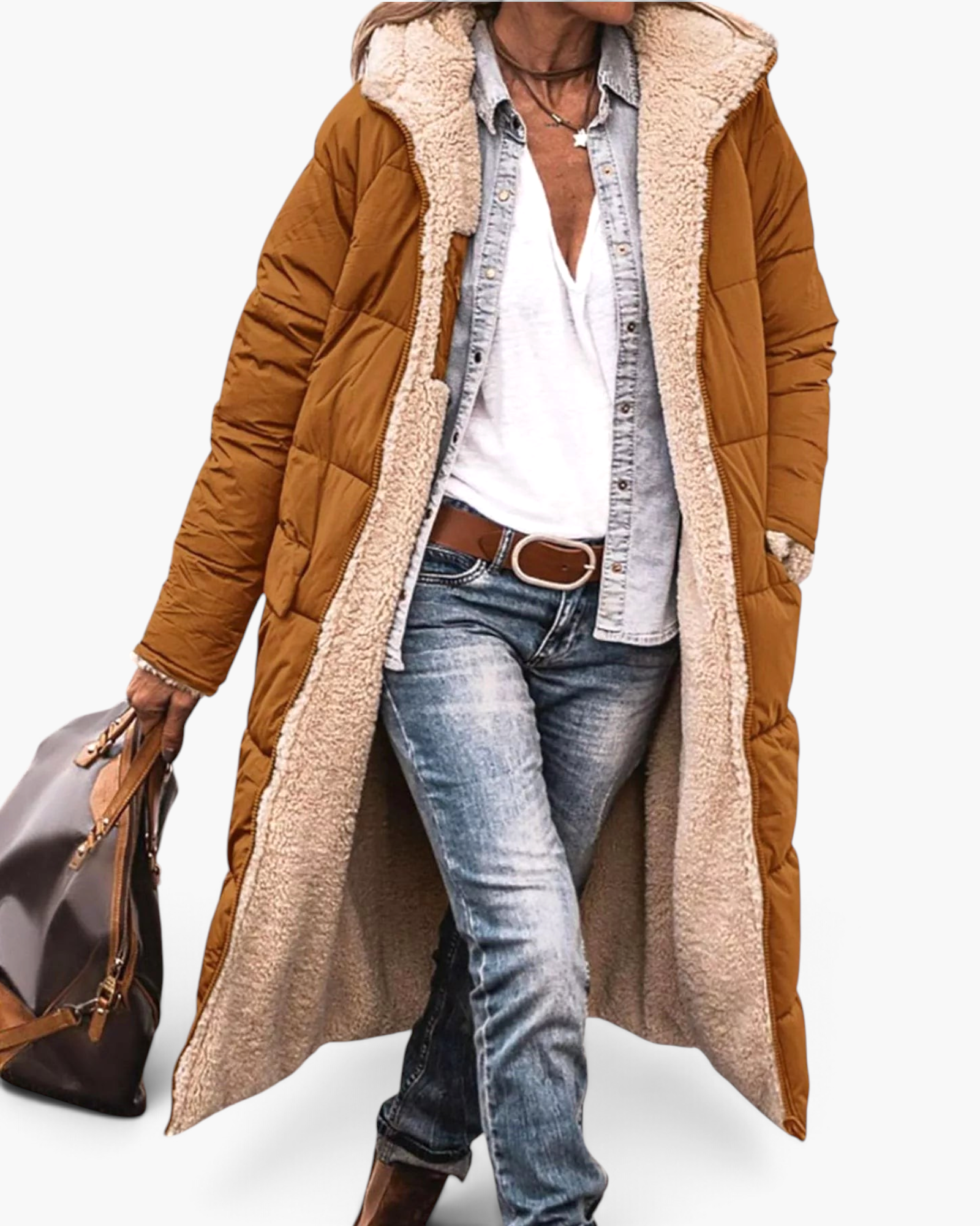 Beach Rose Co. longline quilted coat in tan with plush cream fleece lining, hood, and front zip closure.