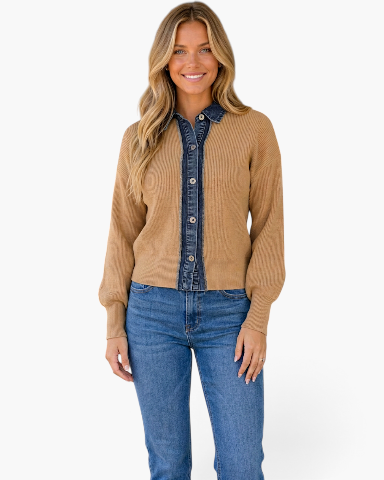 Beach Rose Co. tan knit cardigan with a denim-style button placket and shirt collar worn by a smiling blonde model.