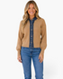Beach Rose Co. tan knit cardigan with a denim-style button placket and shirt collar worn by a smiling blonde model.