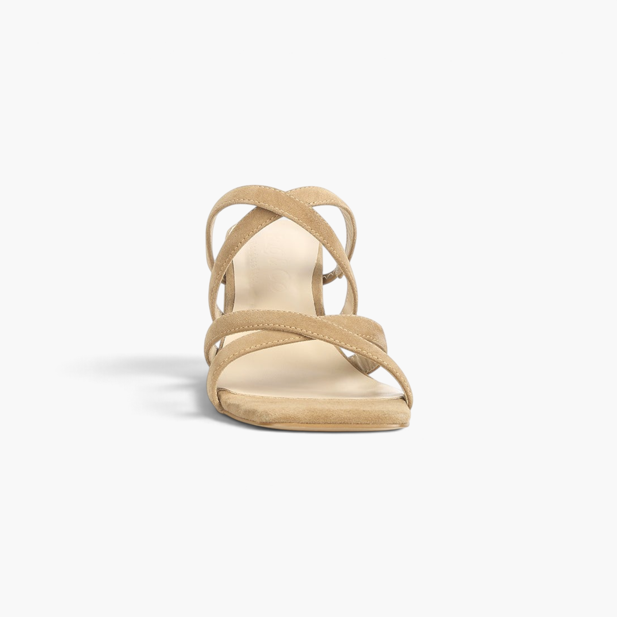 Beach Rose Co. tan leather strappy block heel sandals with an open square toe and minimalist slip-on design.