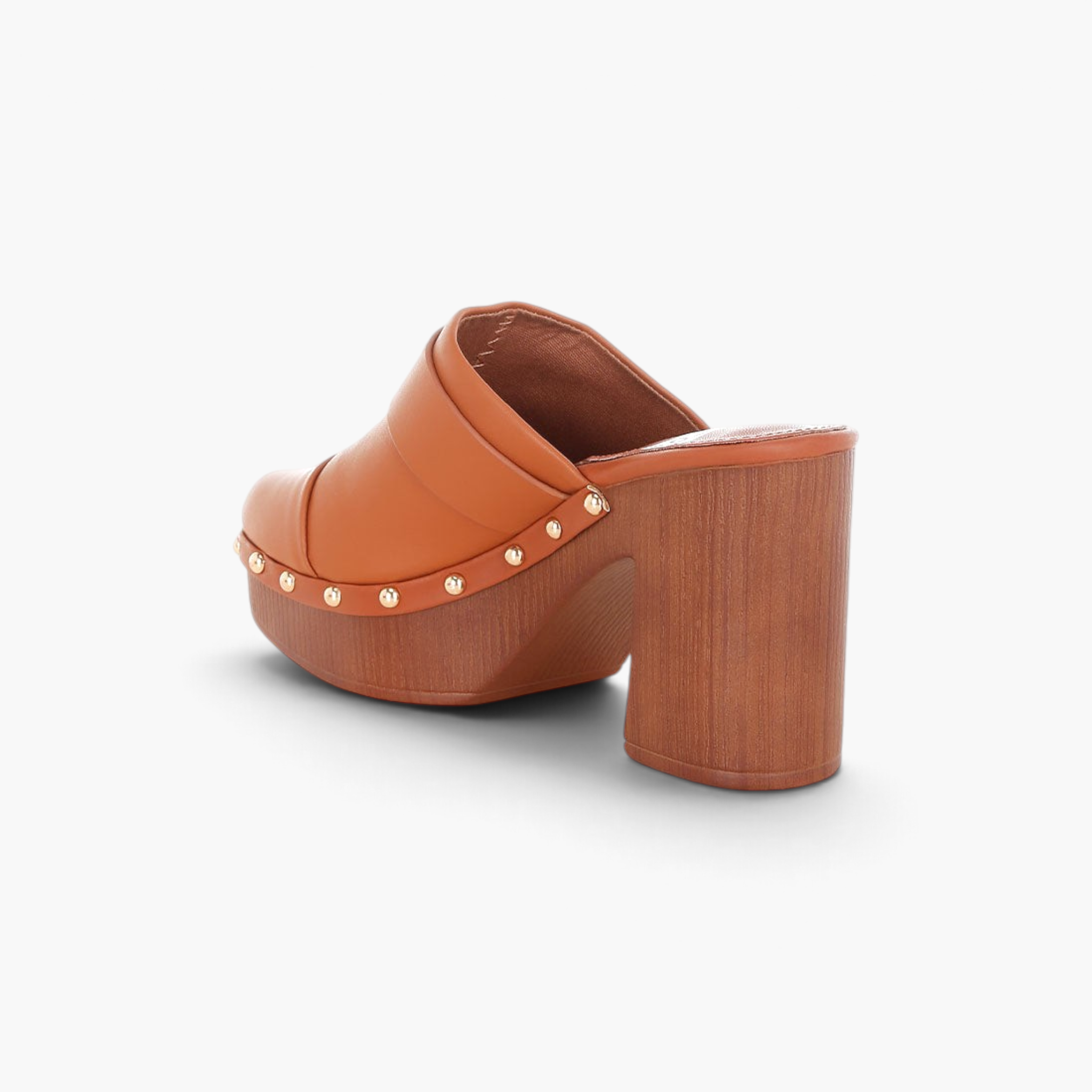 Beach Rose Co. tan leather platform clogs with gold stud trim, buckle detail, and a chunky wood-effect block heel.