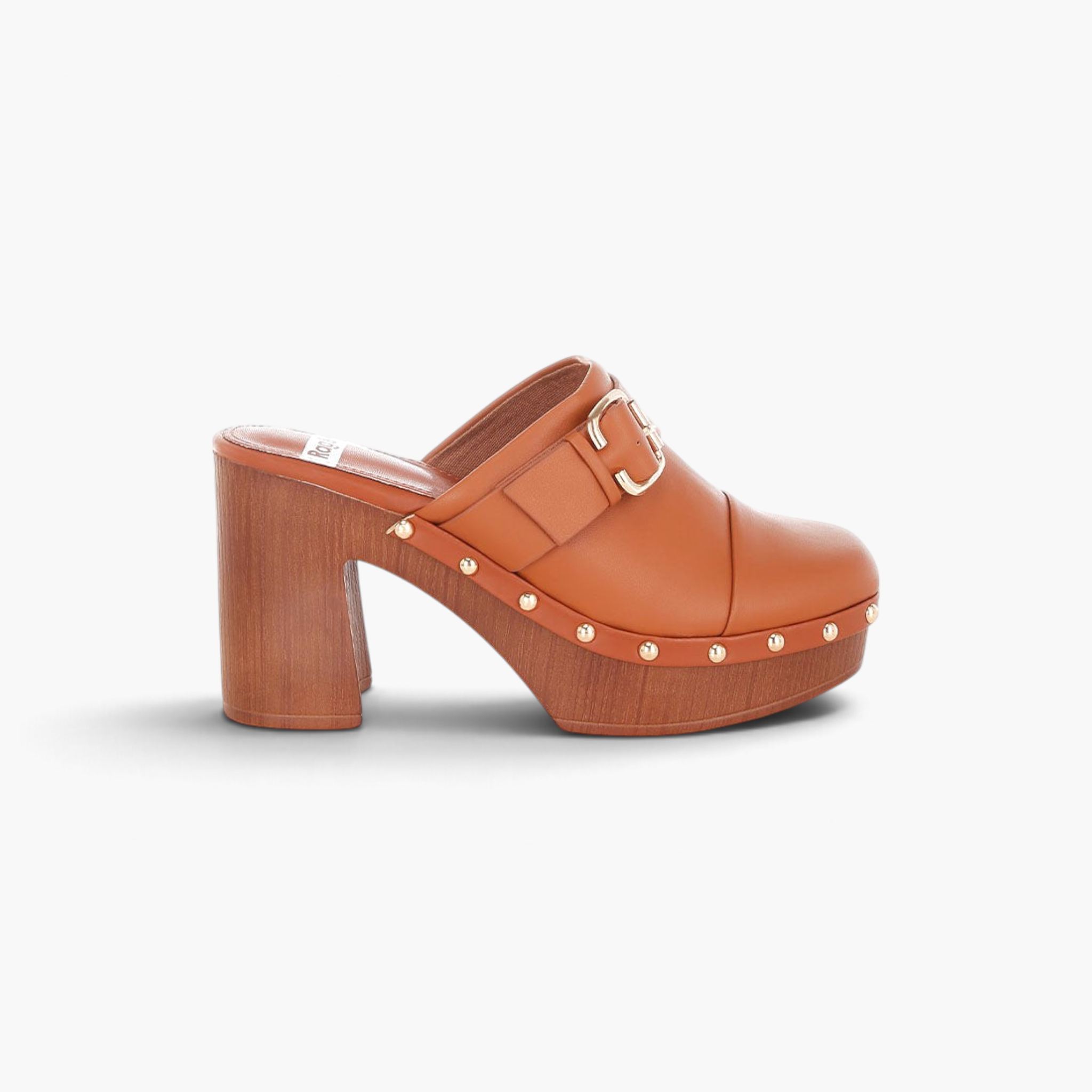 Beach Rose Co. tan leather platform clogs with gold studs, buckle detail, and a chunky wood-look block heel.