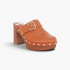 Beach Rose Co. tan leather platform clogs with gold stud trim, buckle detail, and a chunky 3.5-inch block heel.