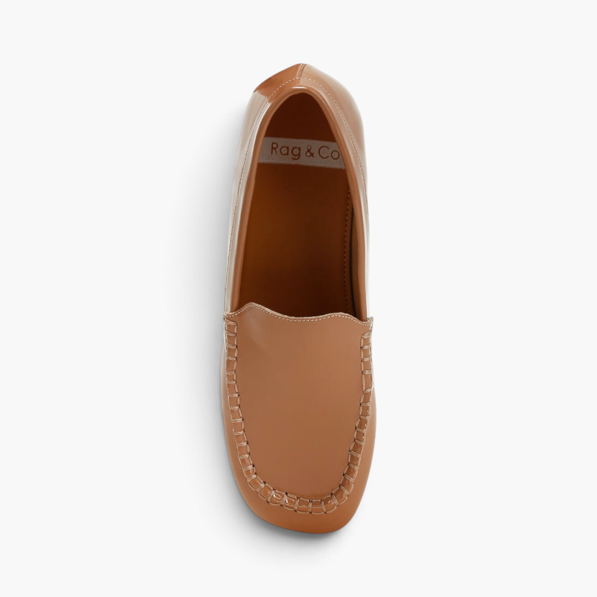Beach Rose Co. tan patent pleather loafers with a glossy finish, round toe, and mock stitch detail, top view.