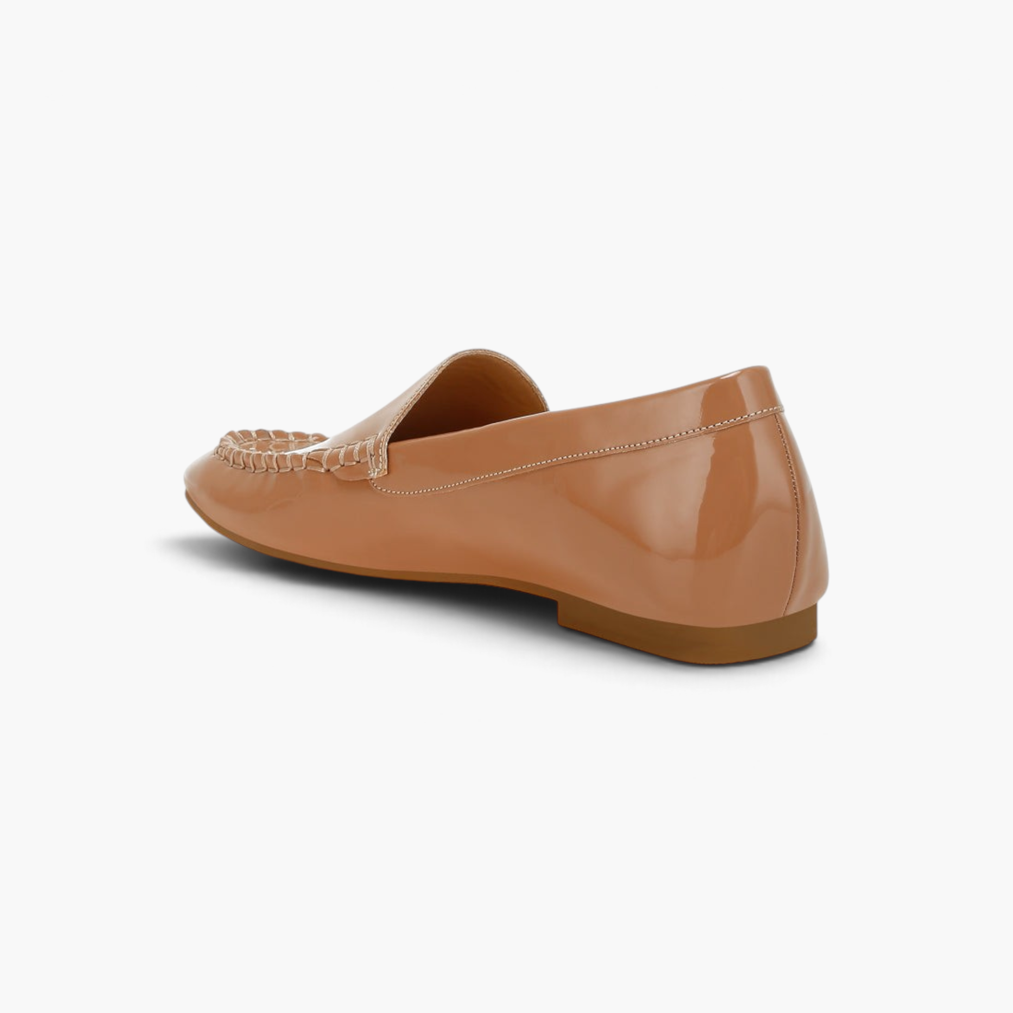 Beach Rose Co. tan patent pleather loafers with a glossy finish, round toe, and mock stitch detail, rear view.
