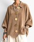 Beach Rose Co. tan ribbed knit cardigan with a fold-over collar, balloon sleeves, and oversized gold buttons.