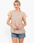 Beach Rose Co. tan and ivory striped top with floral flutter sleeves and a relaxed fit worn with denim shorts