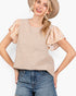 Beach Rose Co. tan striped top with floral flutter sleeves and a round neckline worn by a woman in a felt hat.