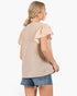 Beach Rose Co. tan striped top with floral flutter sleeves worn by a woman from the back view