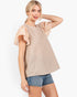 Beach Rose Co. tan striped top with floral flutter sleeves and a relaxed fit worn by a blonde model.