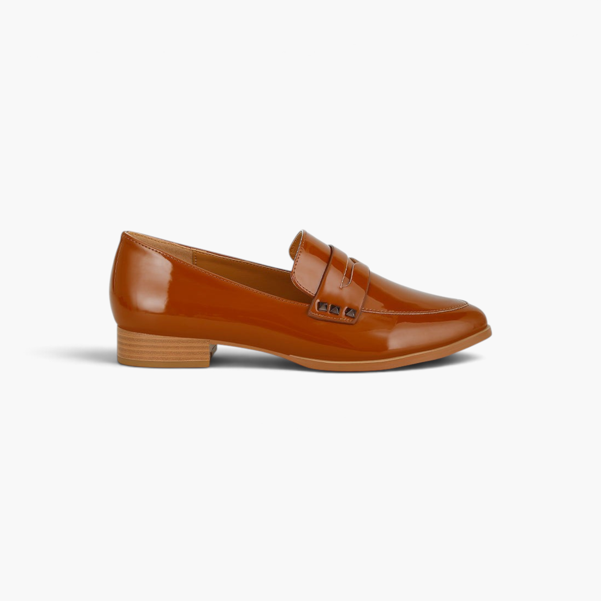 Beach Rose Co. tan patent pleather penny loafers with stud accents on the strap and a low block heel