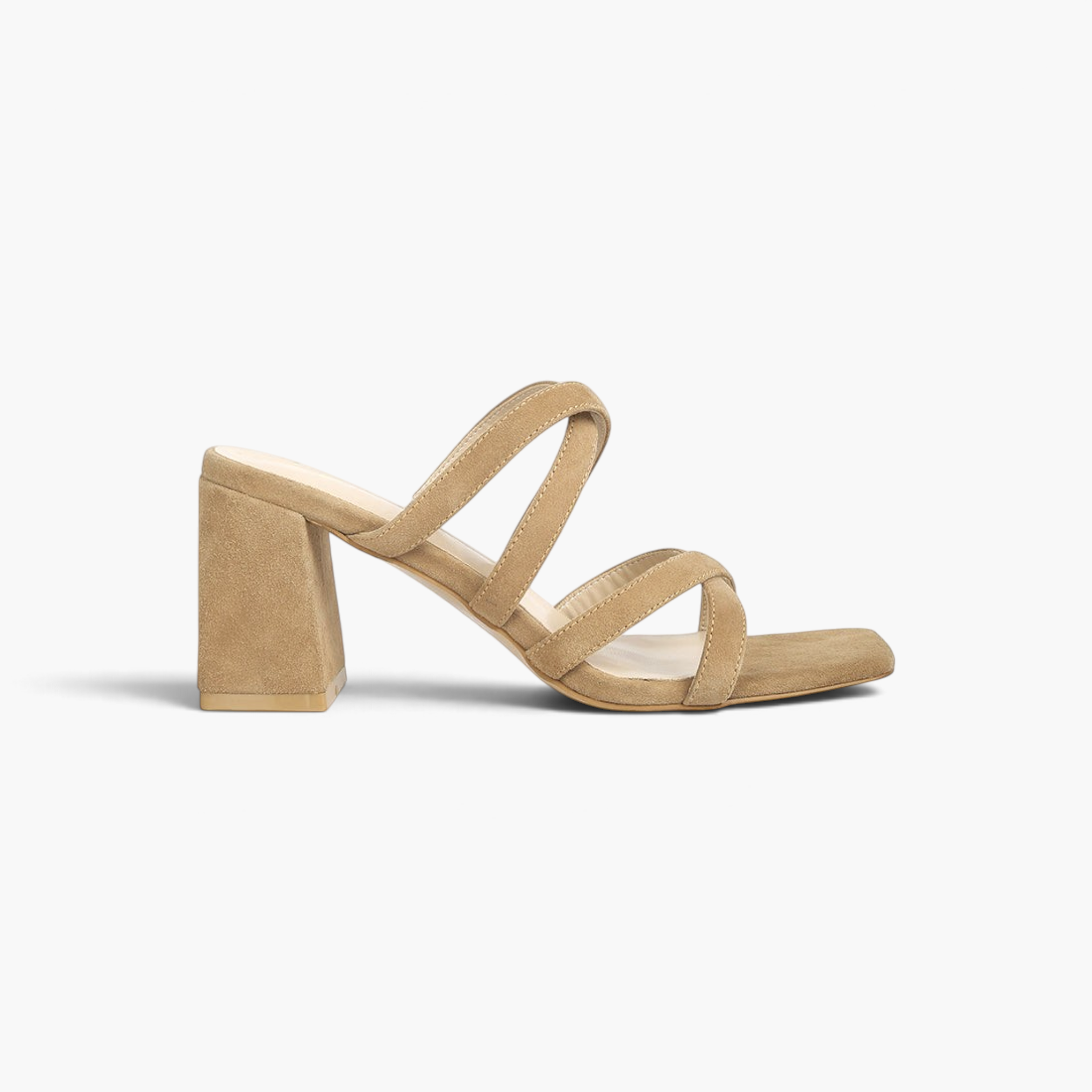 Beach Rose Co. tan suede strappy block heel sandals with an open square toe and cushioned insole