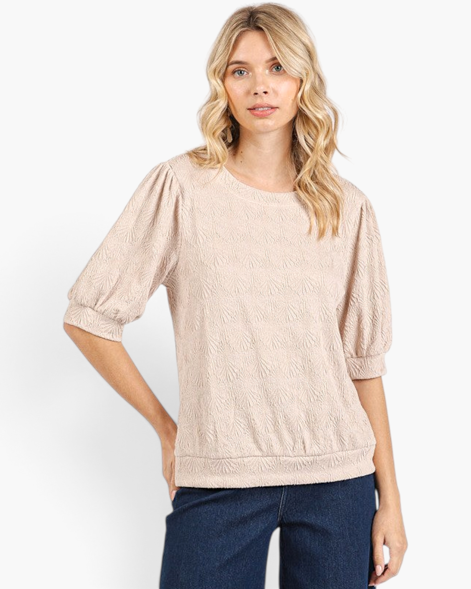 Beach Rose Co. tan textured top with elbow-length puff sleeves, round neckline, and banded hem on a blonde model.