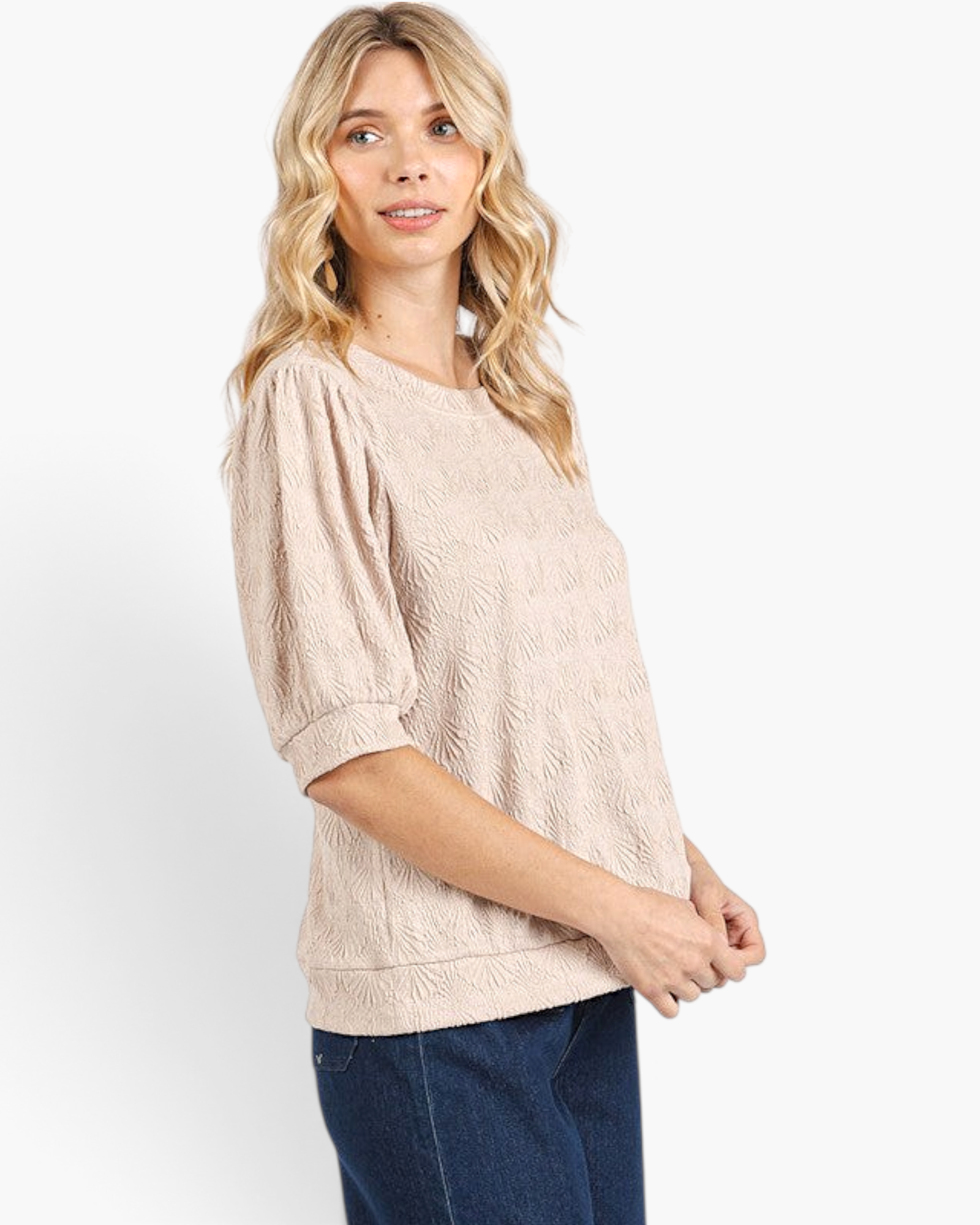 Beach Rose Co. tan textured top with elbow-length puff sleeves and a round neckline worn by a blonde model.
